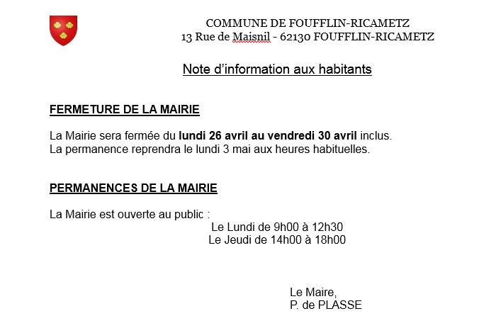 Note fermeture mairie avril